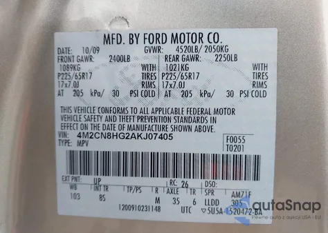 2010 Mercury Mariner Premier z USA, uszkodzony, nr VIN 4M2CN8HG2AKJ07405